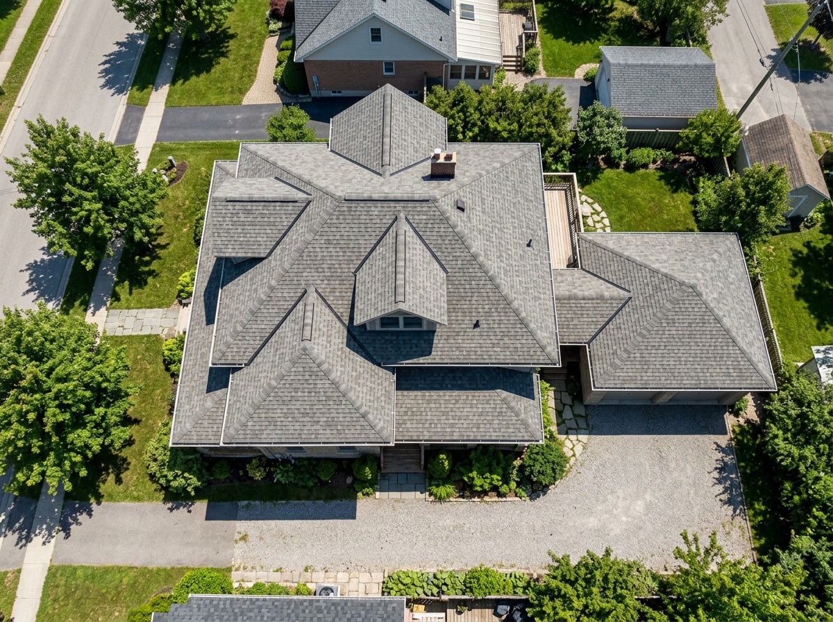 Overhead view of a shingled gable and hip roof showing separate roof planes and valleys used to calculate roof squares