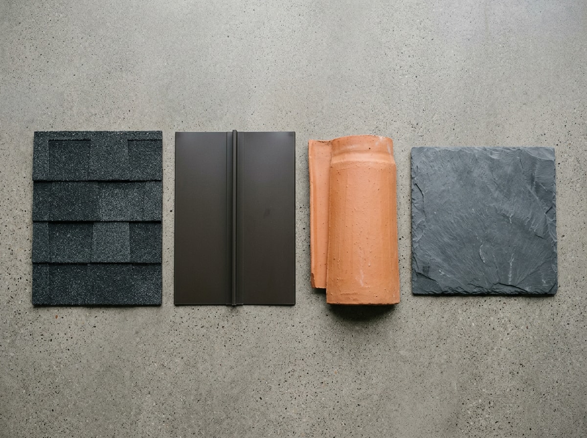 Samples of architectural asphalt shingle, standing seam metal panel, clay tile, and slate arranged for cost comparison per roofing square