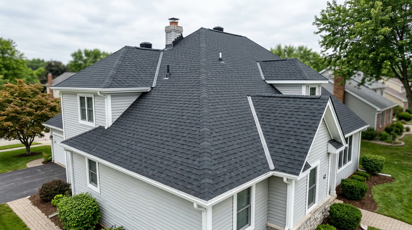 Newly installed architectural asphalt shingle roof on a two-story suburban home