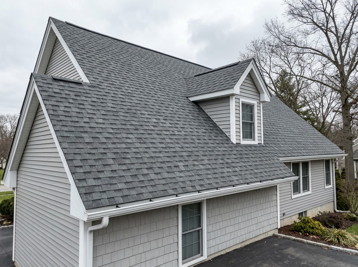 Gray architectural composition shingle roof on a two-story suburban home