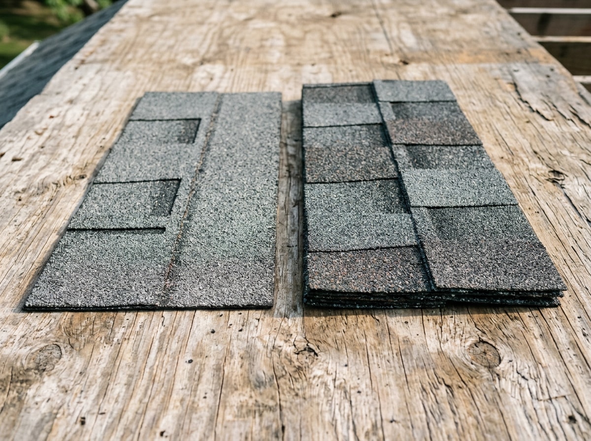 Close comparison of flat 3-tab shingles beside thicker layered architectural shingles
