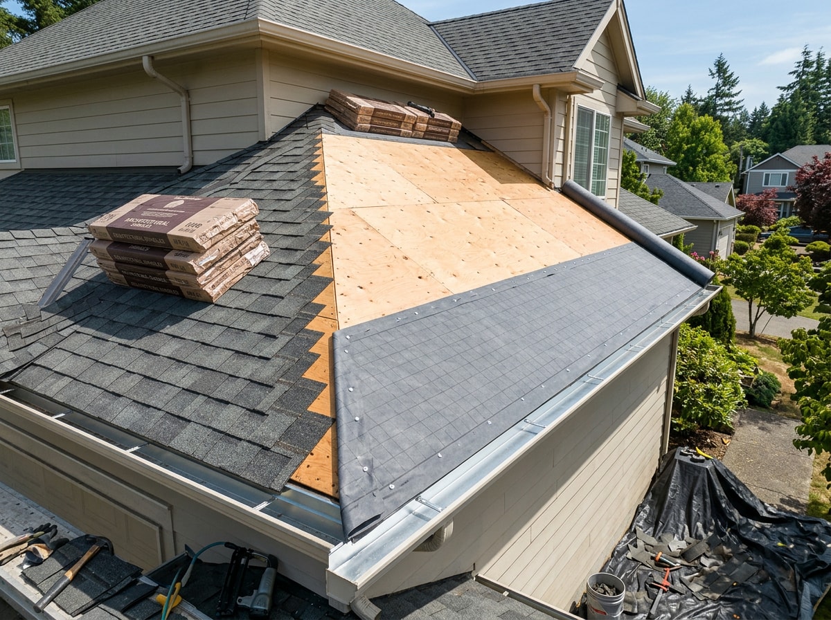 Roof tear-off in progress showing exposed decking, synthetic underlayment, and stacked new shingle bundles