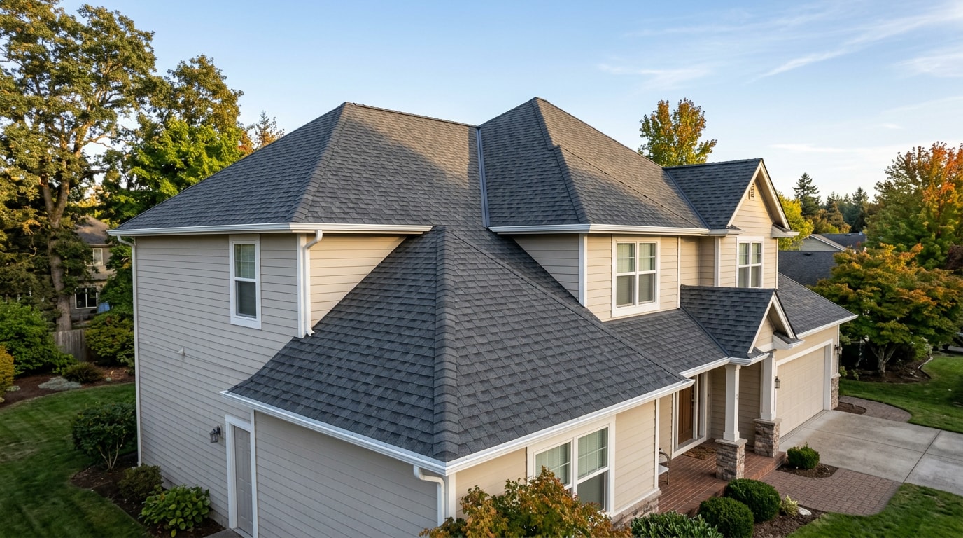 Finished charcoal architectural composition shingle roof on a two-story home Finished charcoal architectural composition shingle roof on a two-story home