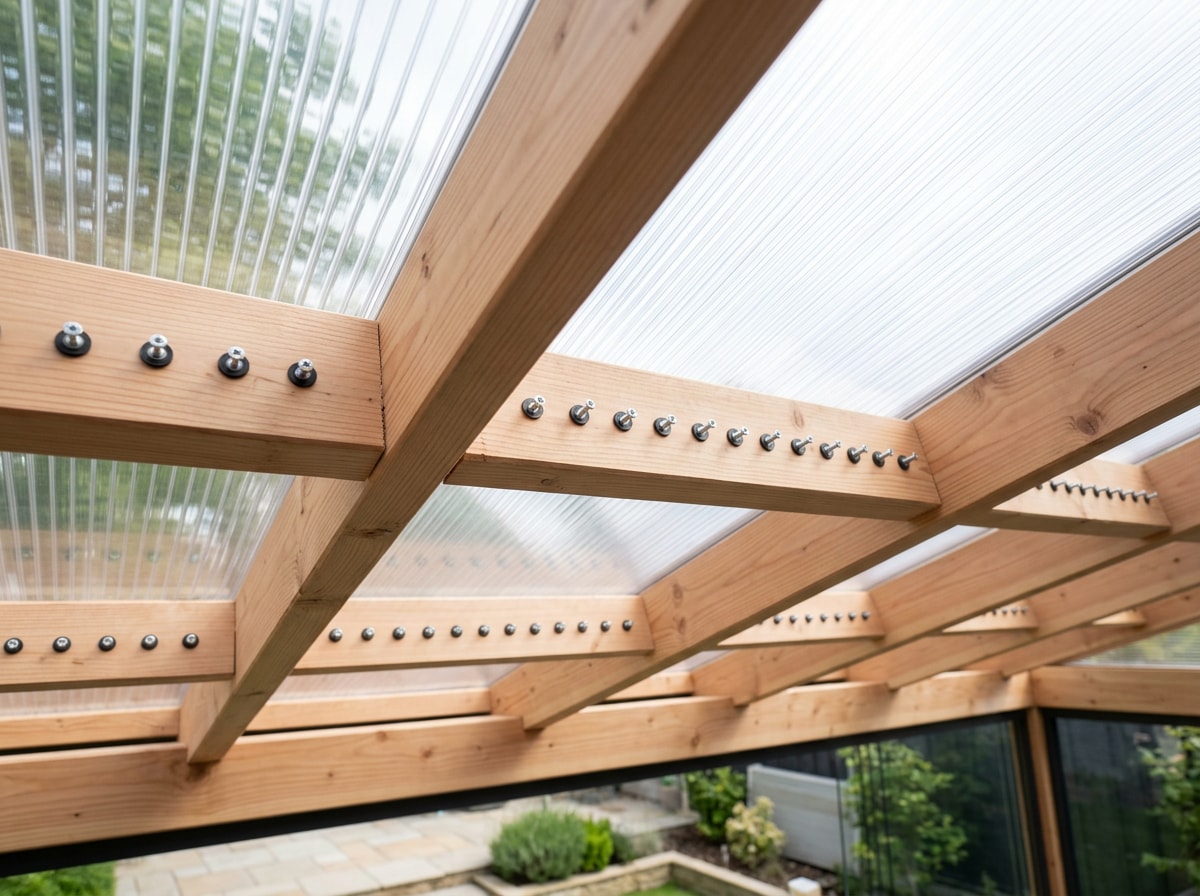 Clear polycarbonate roofing panels over a backyard patio with daylight filtering through