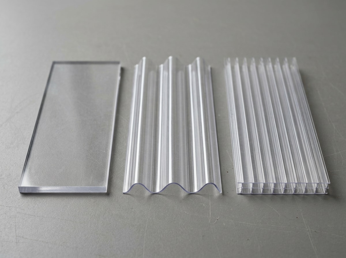 Cross-section comparison of solid, corrugated, and multiwall polycarbonate roofing panels
