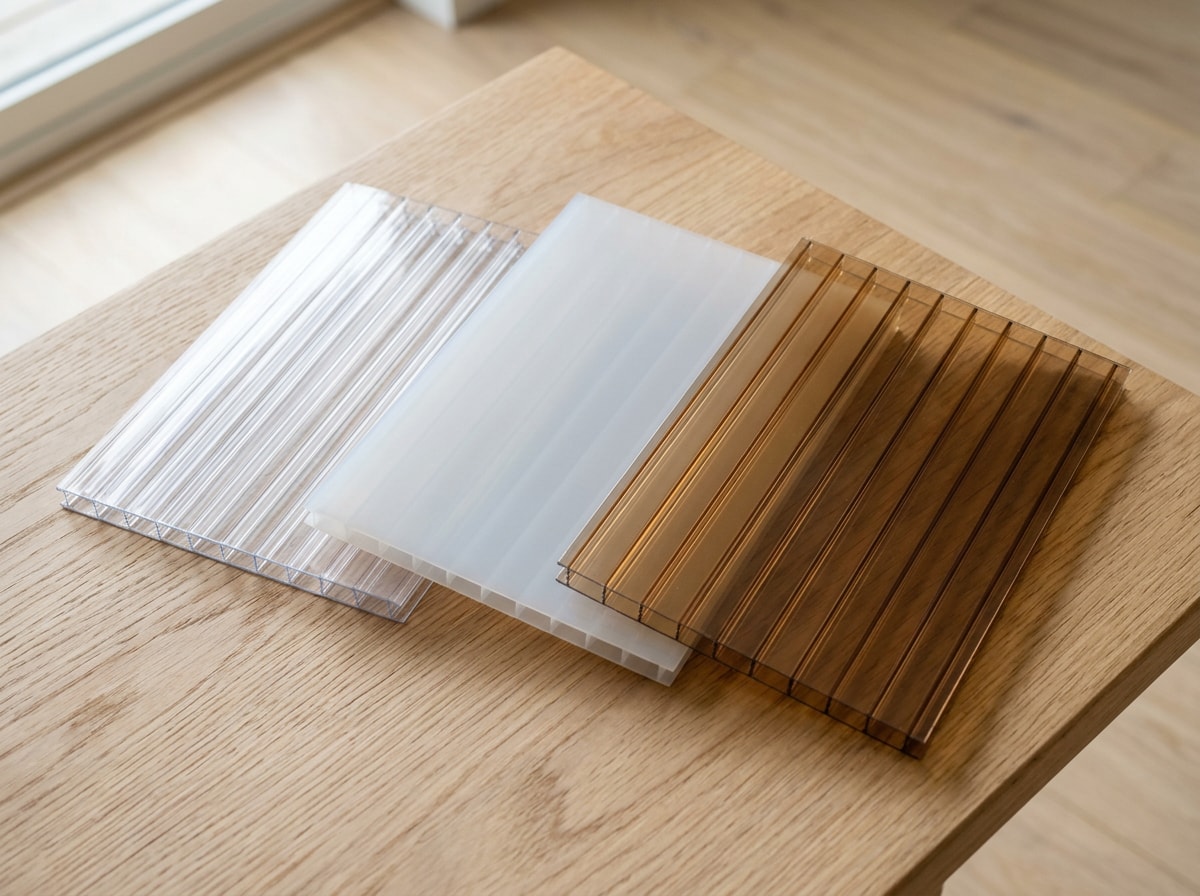 Clear, opal, and bronze tinted polycarbonate roof panels compared under the same daylight