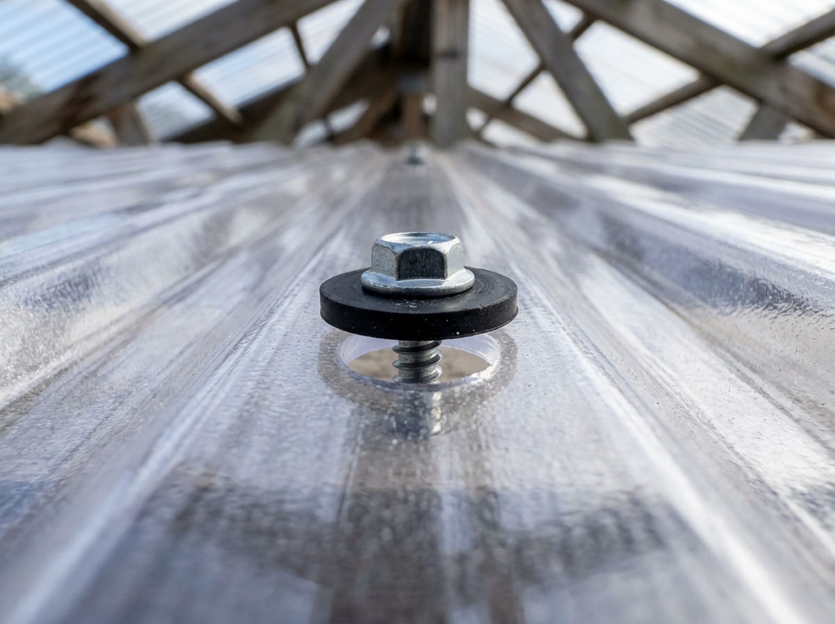 Polycarbonate roof fastener detail showing an EPDM washer seated in an oversized hole