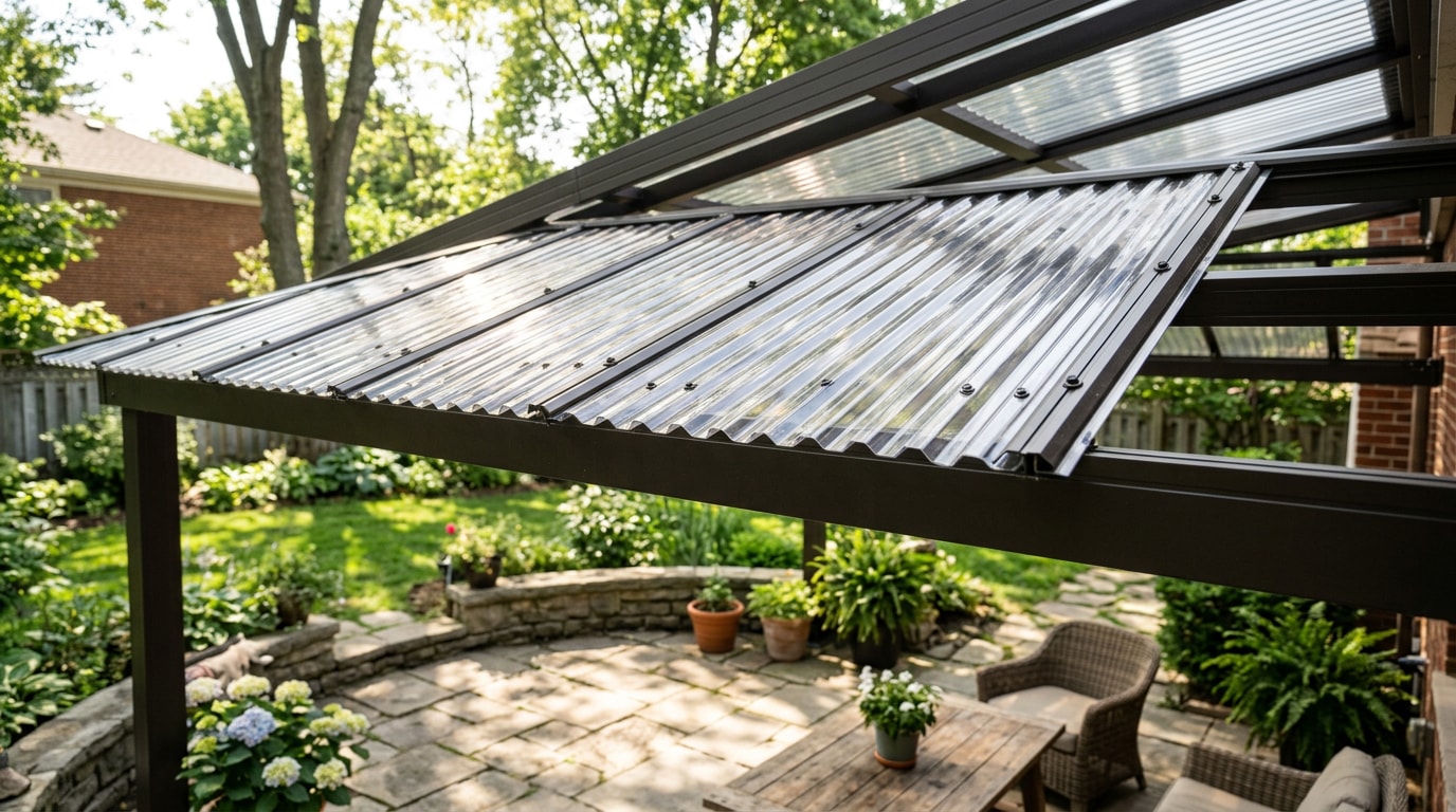 Clear corrugated polycarbonate roofing panels installed over a residential backyard patio cover Clear corrugated polycarbonate roofing panels installed over a residential backyard patio cover