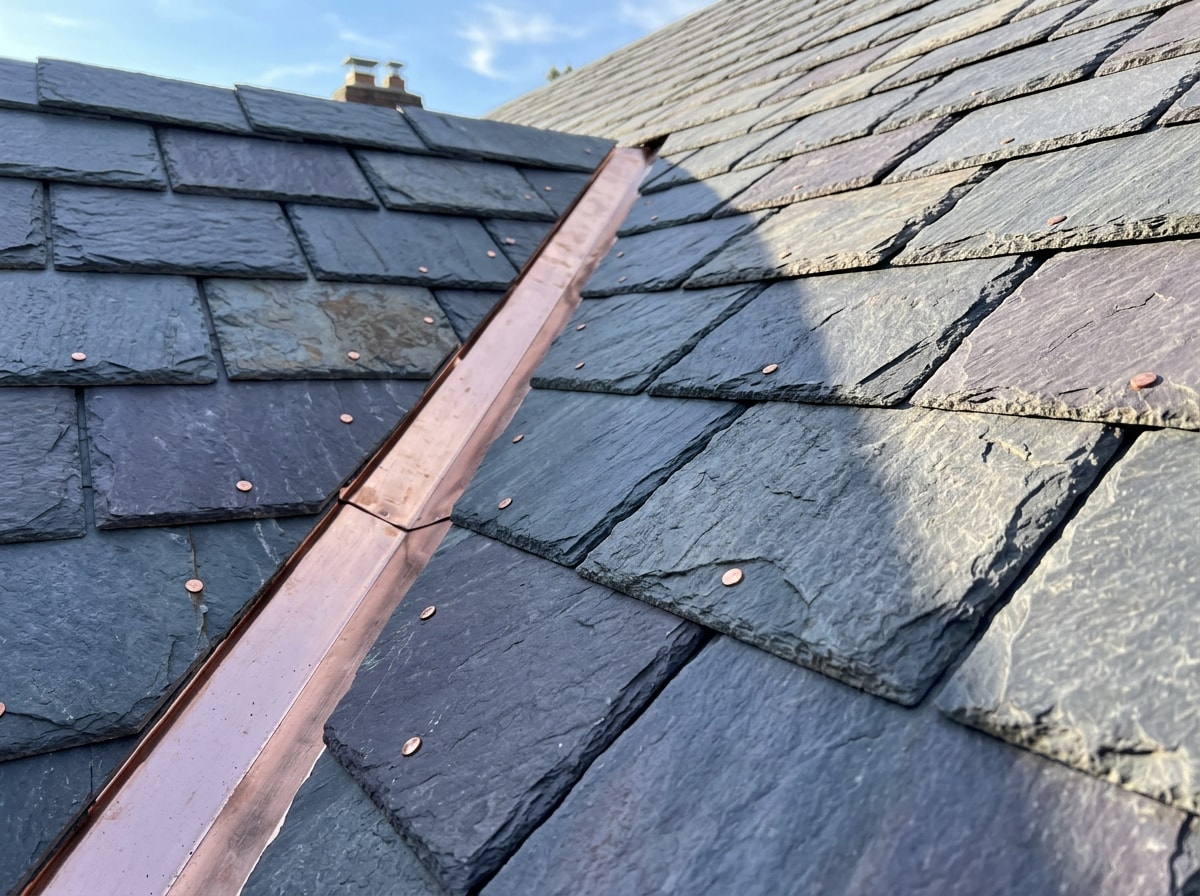 Close-up of an installed natural slate roof showing headlap and copper valley flashing