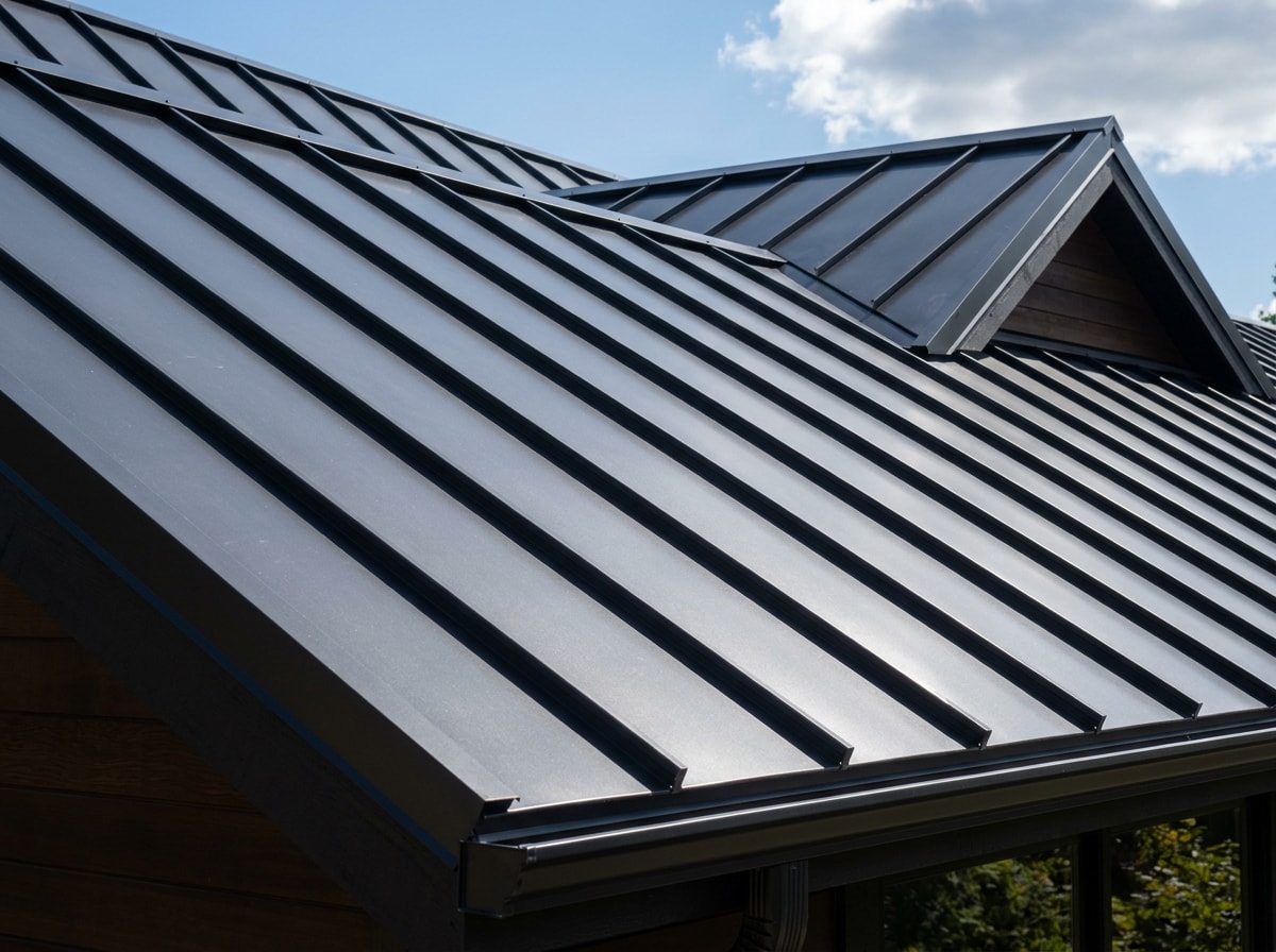Standing seam metal roof detail showing concealed clip seams, ridge cap and clean panel runs
