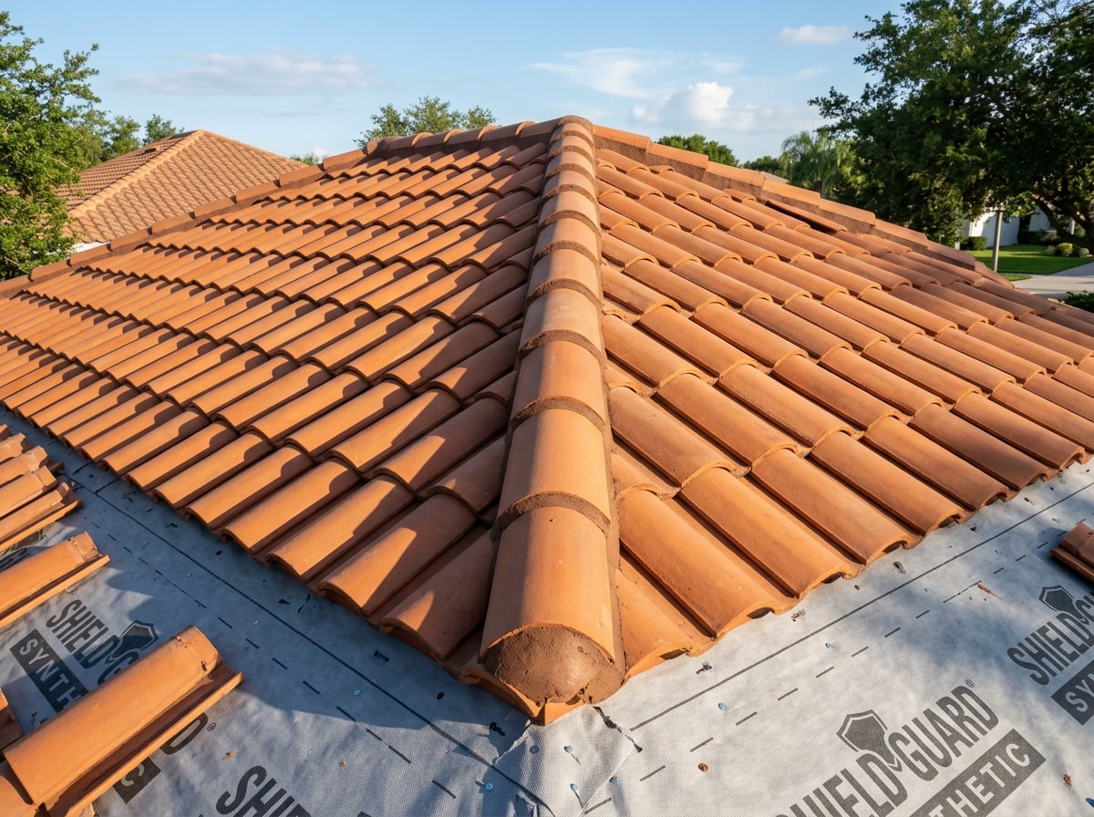 Clay tile roof section with hip and ridge tiles installed over new underlayment