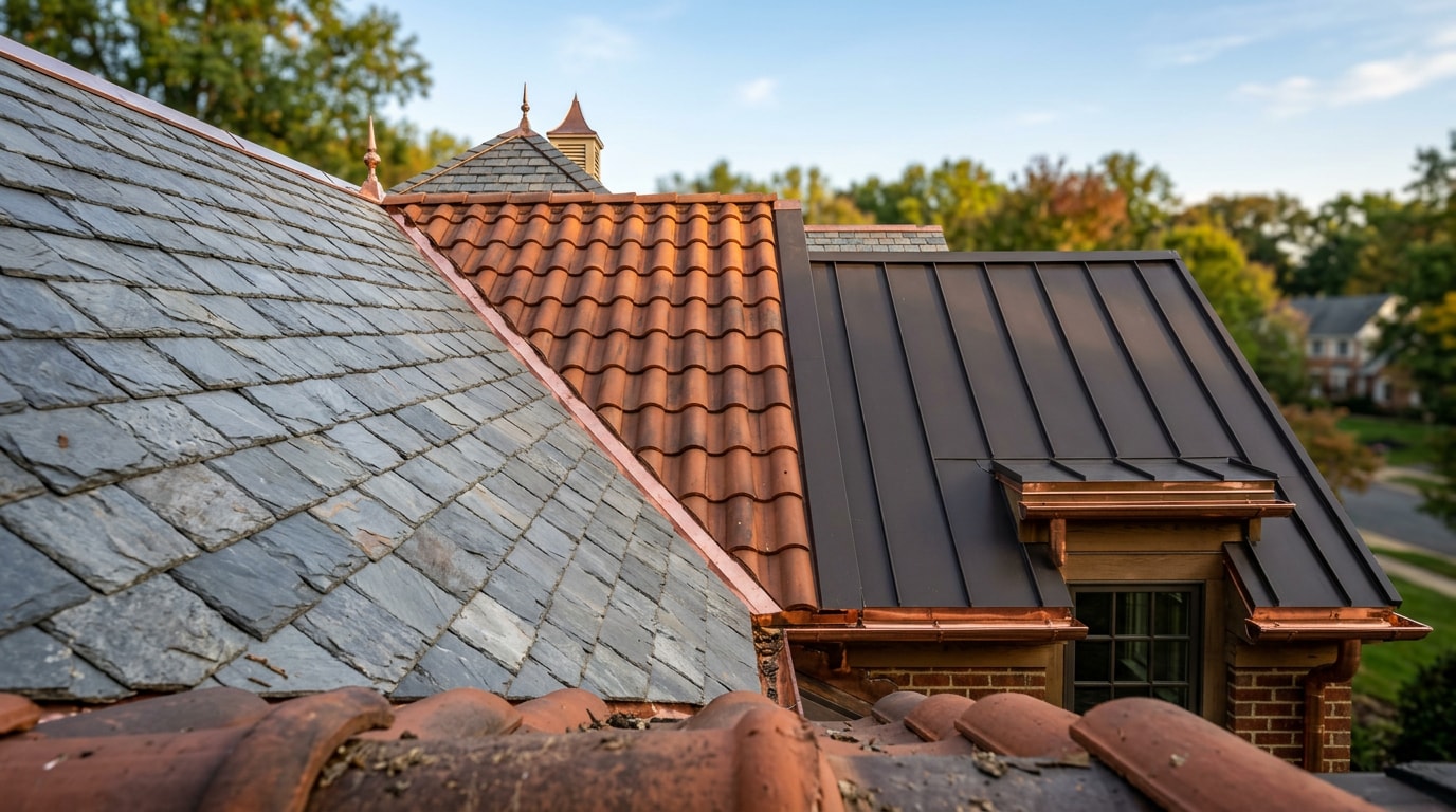 Residential roof showing slate, clay tile and standing seam metal sections side by side