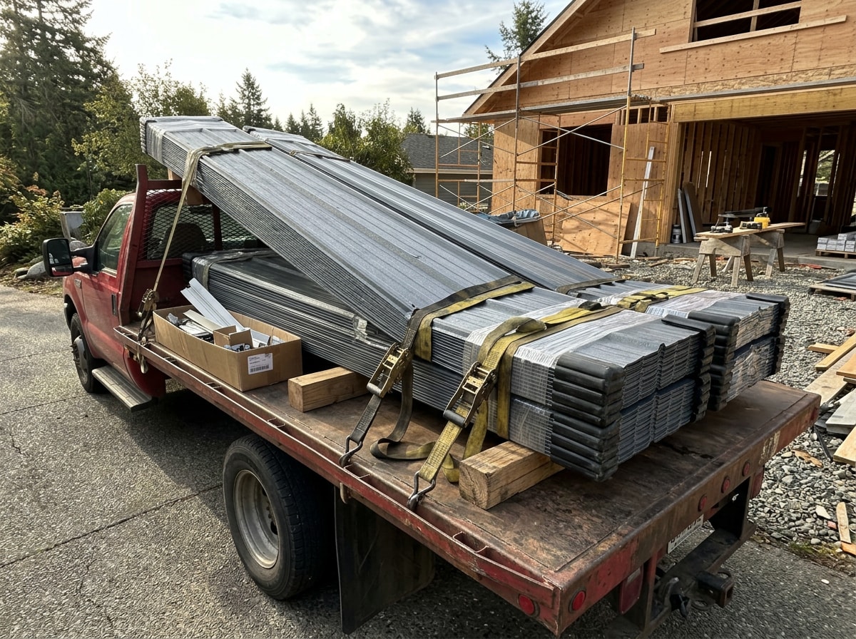 Bundled standing seam metal roofing panels strapped on a flatbed truck at a residential jobsite