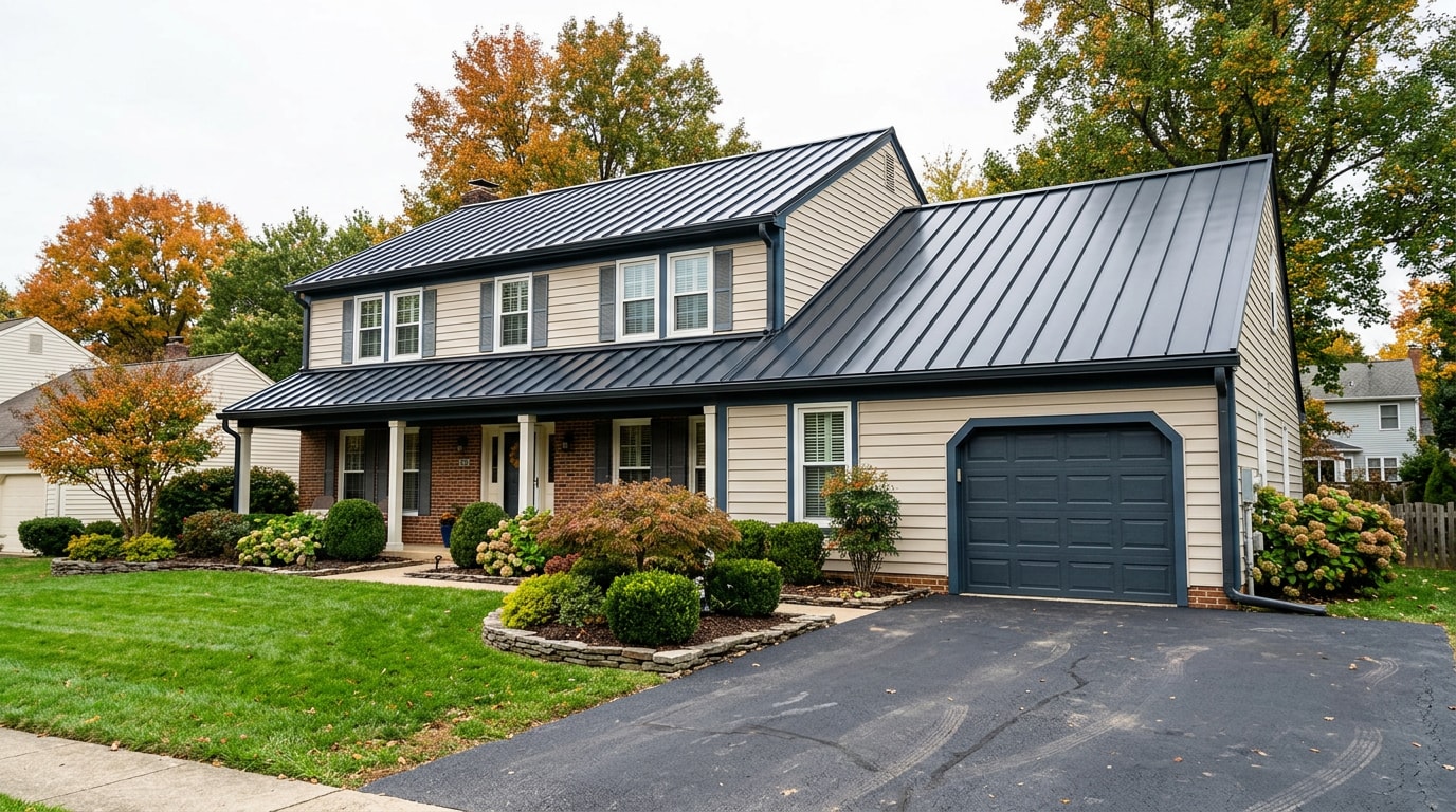 Newly installed charcoal standing seam metal roof on a suburban home