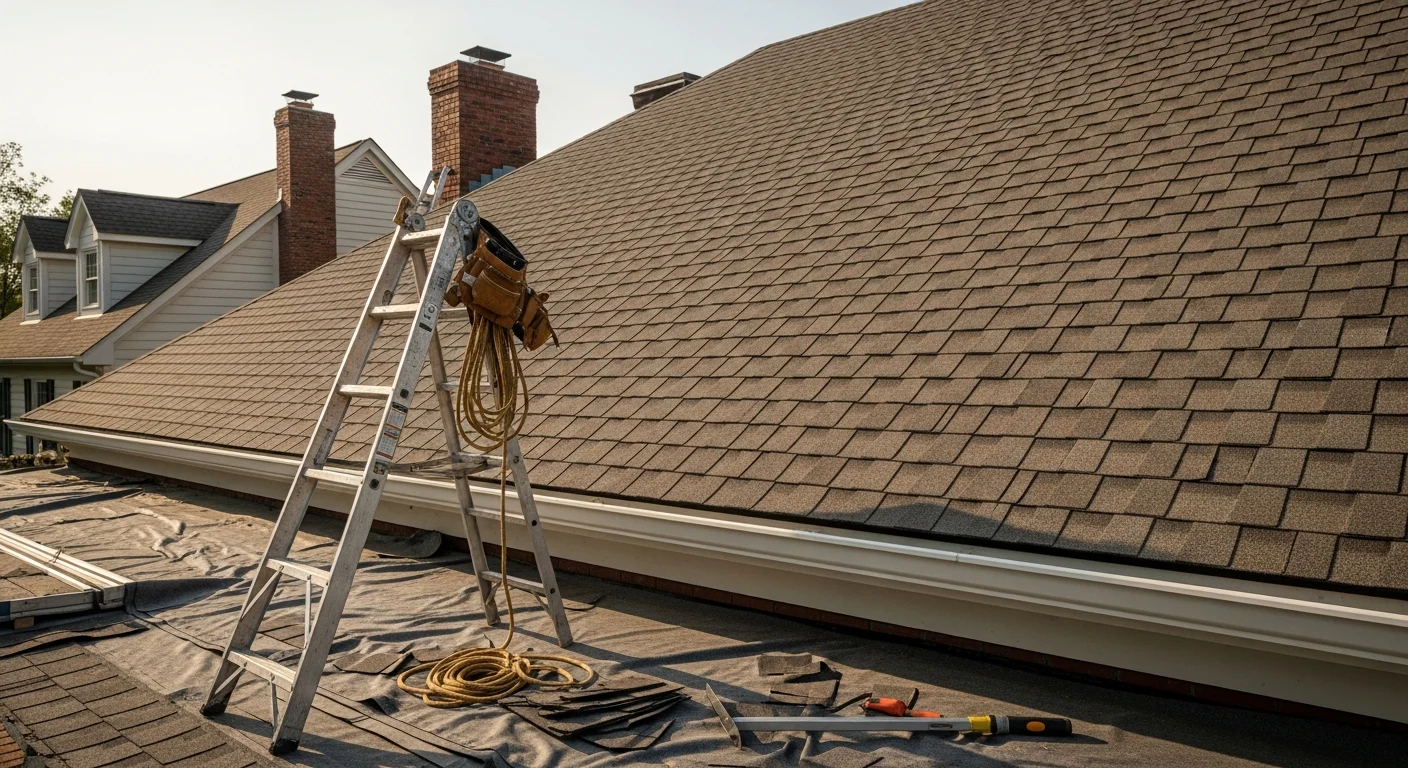 Professional roofer installing shingles on residential home
