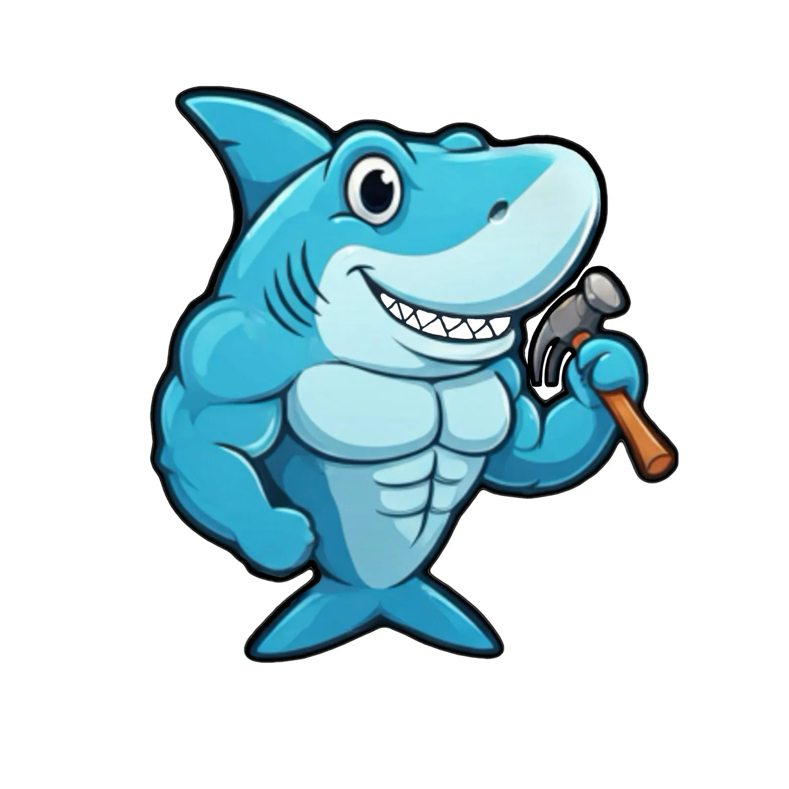 Blue cartoon shark mascot holding hammer with muscular build and friendly expression
