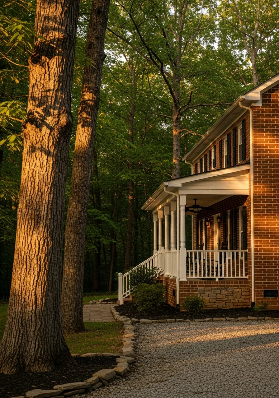 A charming brick home with a covered porch set on wooded acreage in Culpeper.