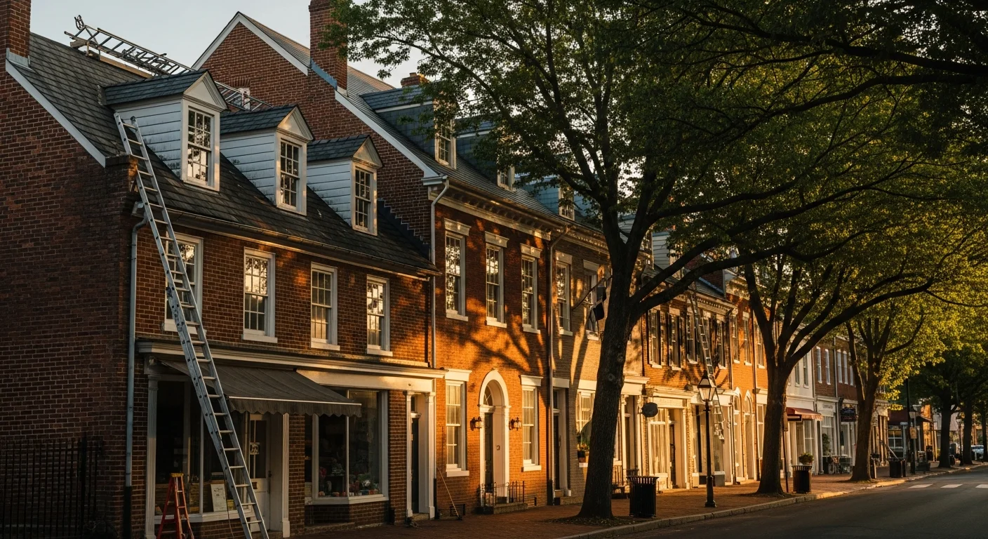 Historic brick townhouses and colonial-era storefronts line a tree-shaded street in downtown Fredericksburg, Virginia.