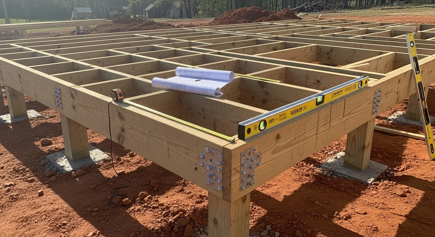 A newly installed wood deck attached to the back of a residential home in Fredericksburg, Virginia, with clean framing, code-compliant railings, and stairs leading to a grassy backyard. The deck structure shows properly spaced boards and post footings set into the ground.