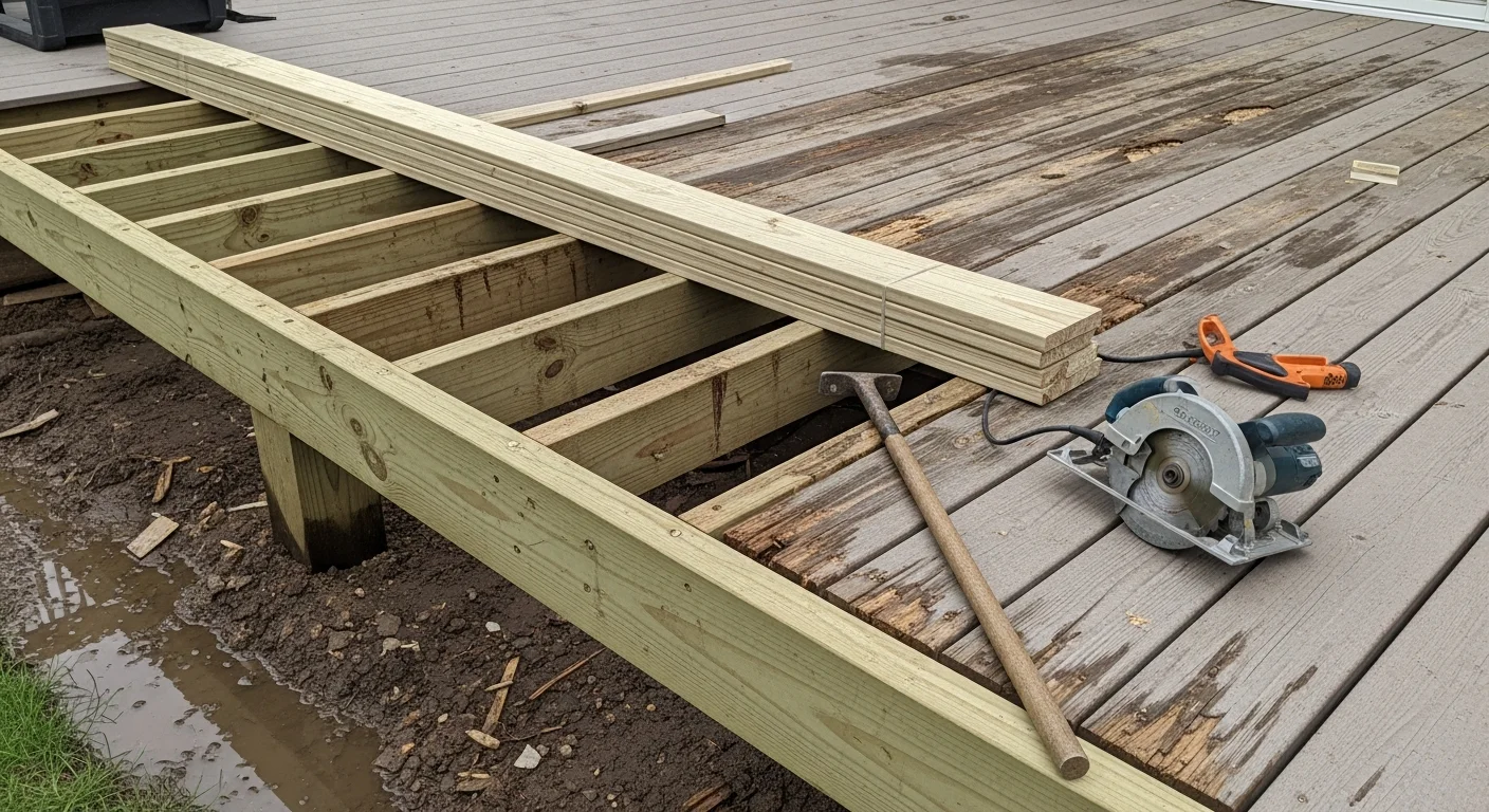 A repaired residential deck in Fredericksburg, VA with replaced boards and secured railings on a single-story home. Close view shows new decking flush with the existing frame and tightened post connections on a wood structure.