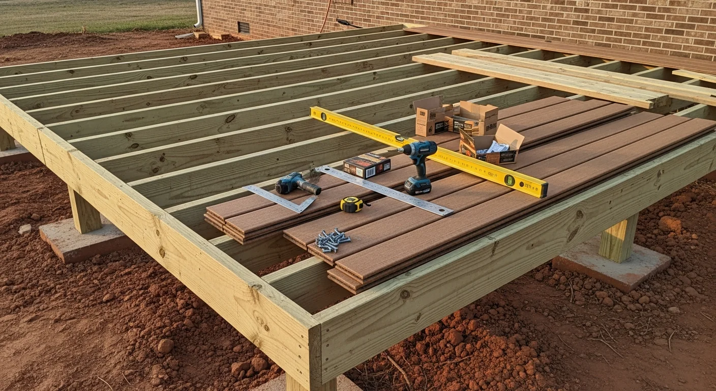 A newly completed deck replacement on a residential home in Fredericksburg, VA, showing fresh decking boards, new post-and-rail framing, and a clean ledger connection to the house exterior. The finished structure sits level over a graded backyard typical of Spotsylvania County properties.