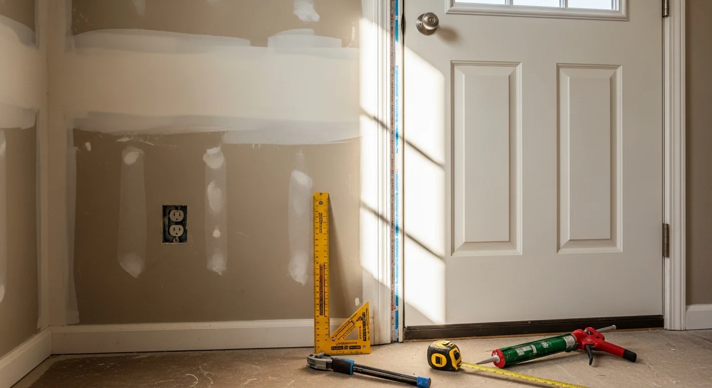 A newly installed exterior entry door on a residential home in Fredericksburg, Virginia, with a clean frame, tight weatherstripping, and finished trim. The door is flush and level within the opening, showing completed installation work by Shark Construction.