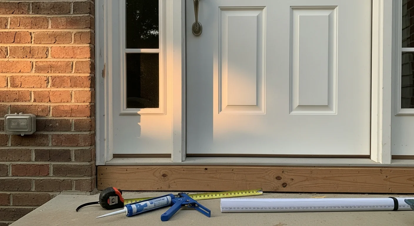 A newly installed exterior entry door on a residential home in Fredericksburg, VA, with a clean frame, tight weatherstripping, and a finished threshold visible at the base. The surrounding siding and trim show no gaps or damage following the door replacement.