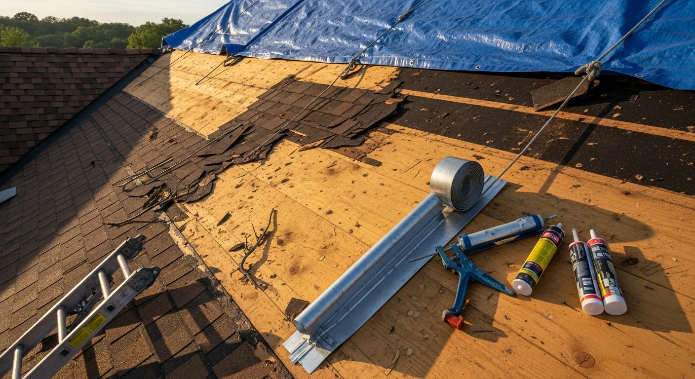 A Shark Construction crew member repairing storm-damaged shingles on a residential roof in Fredericksburg, Virginia, with visible wind damage and exposed decking in the repair zone.