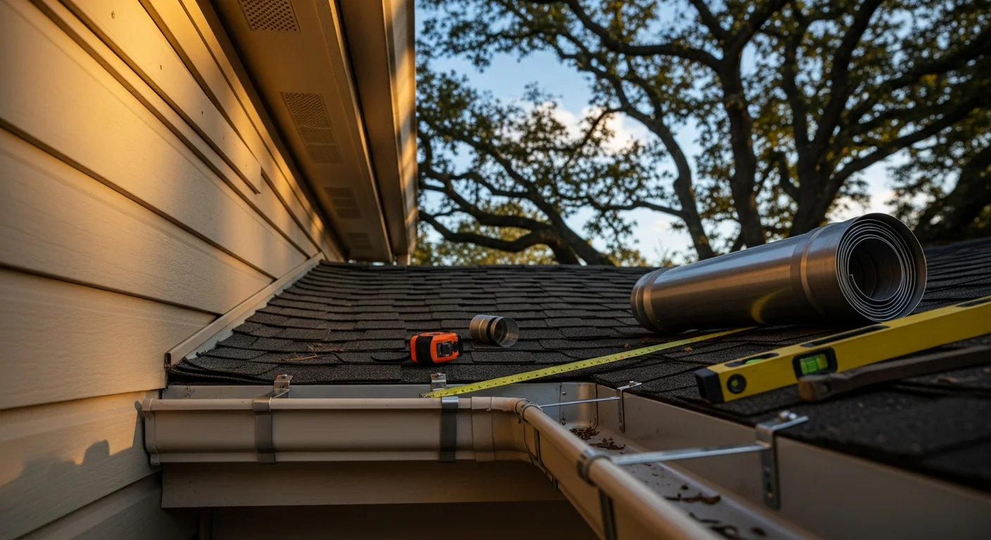 Newly installed gutters running along the roofline of a residential home in Fredericksburg, Virginia. Downspouts are positioned at the corners, directing water away from the foundation on a wooded suburban lot.
