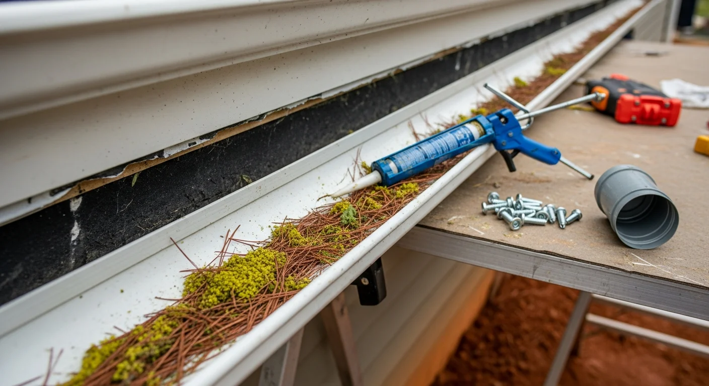 A Shark Construction technician re-securing a sagging gutter section on a residential home in Fredericksburg, Virginia. The repaired gutter run sits flush against the fascia board with a clear downspout directing water away from the foundation.