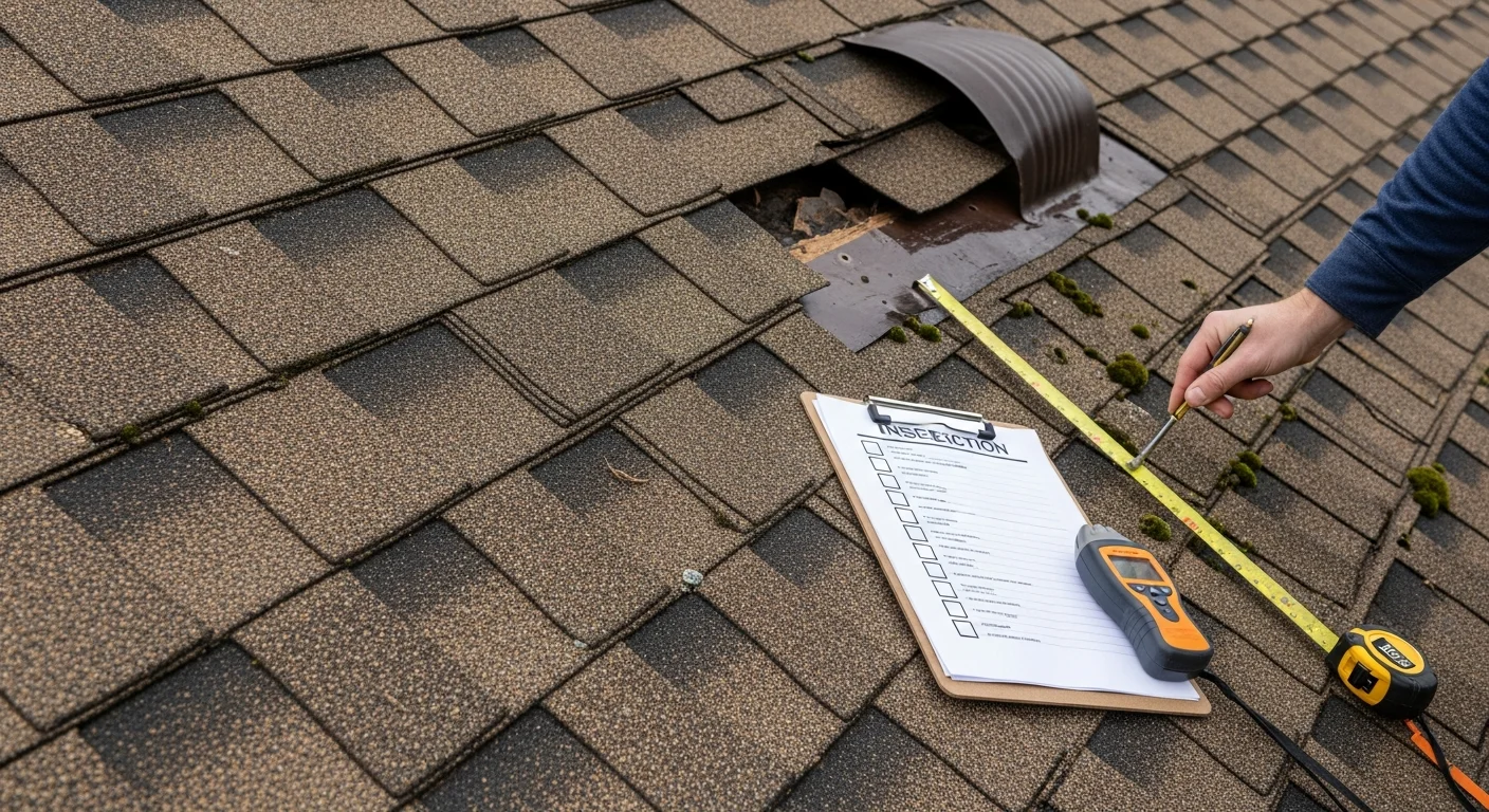 A Shark Construction roofing contractor inspecting shingles and flashing on a residential roof in Fredericksburg, VA. The inspector examines the roof surface up close, with a typical Fredericksburg neighborhood visible in the background.