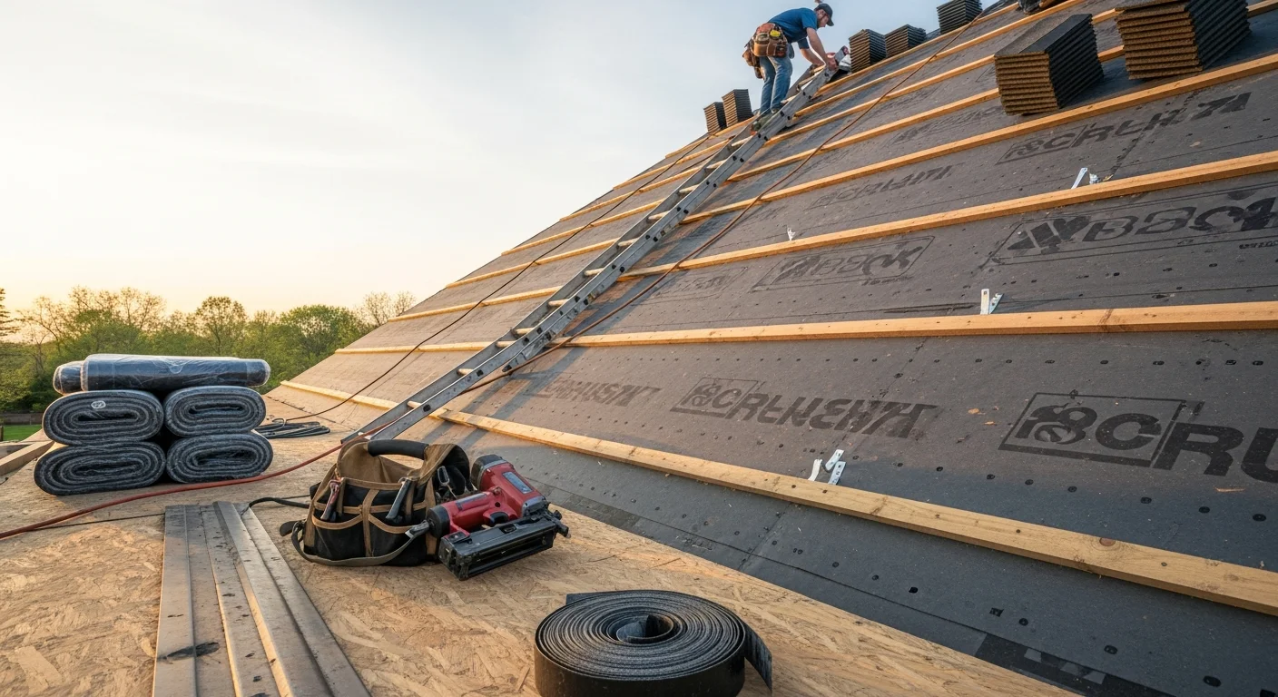 A newly installed residential roof on a Fredericksburg, VA home, showing clean roofing lines, finished ridge, and completed flashing around roof penetrations. The surrounding neighborhood reflects the mix of established residential properties common in the Fredericksburg area.