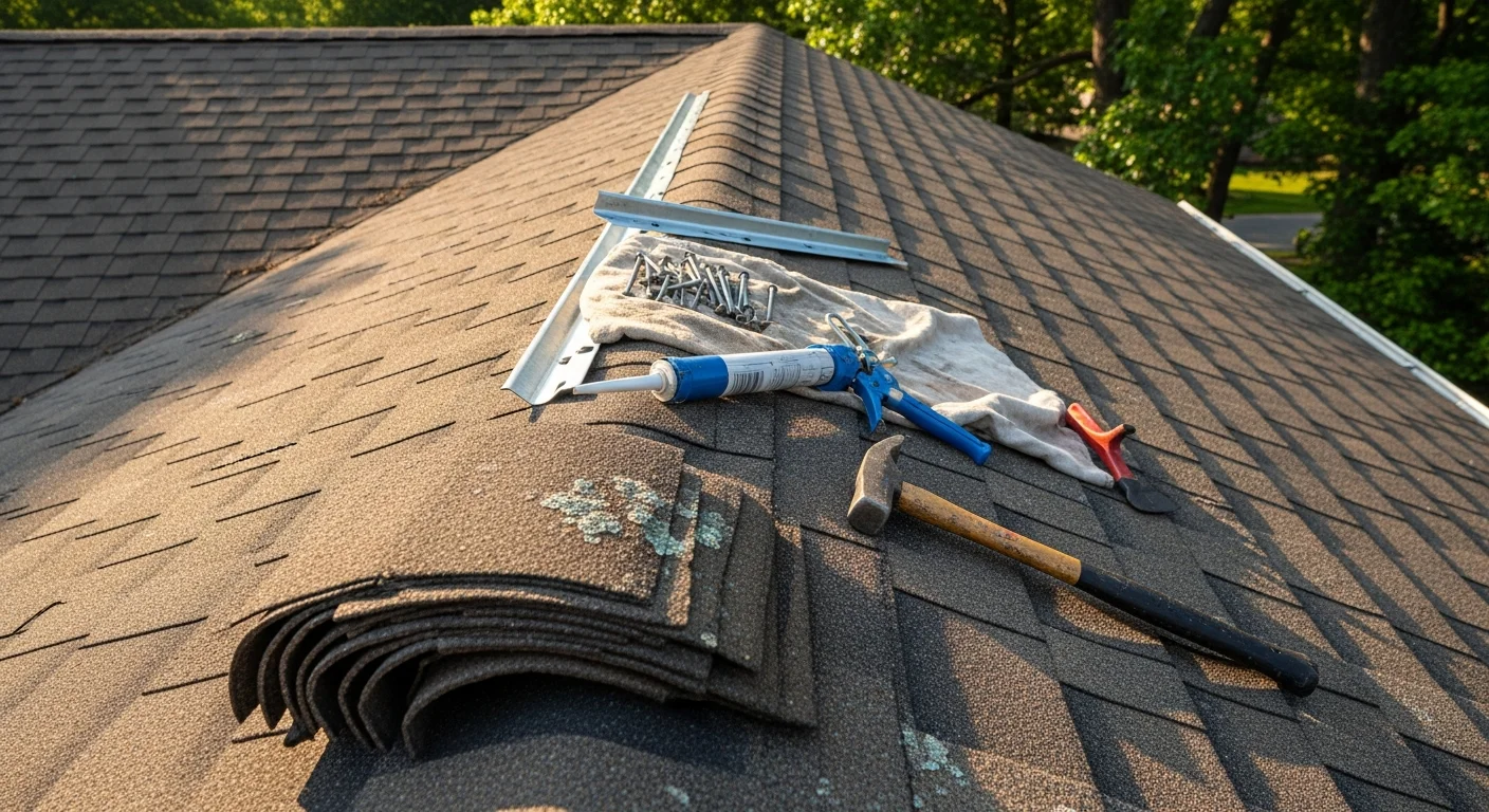 A Shark Construction crew member repairing damaged shingles and flashing on a residential roof in Fredericksburg, VA. Close-up view shows replaced roofing sections on a pitched suburban home roof after storm damage.