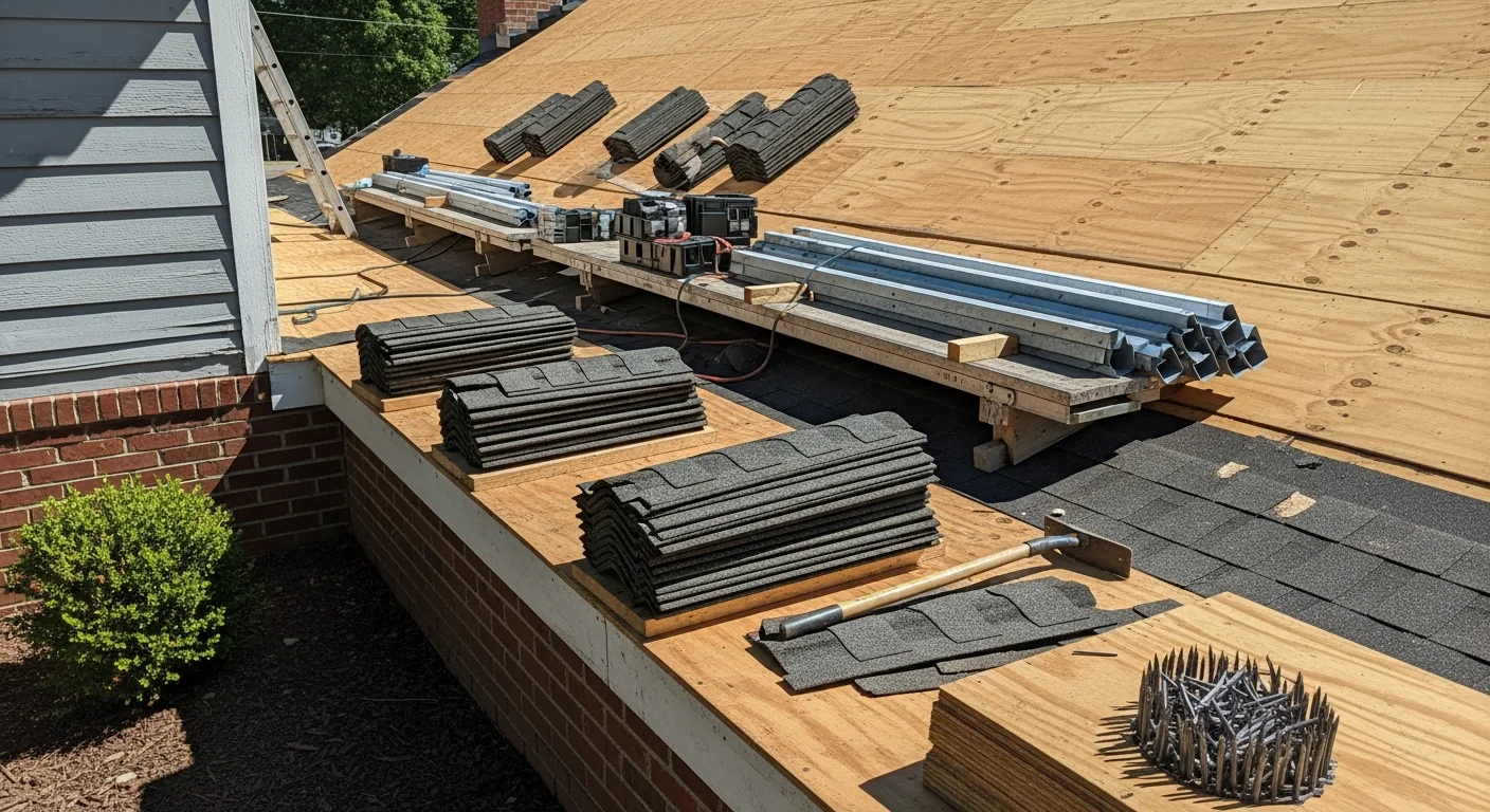 A completed roof replacement on a residential home in Fredericksburg, VA, showing clean ridge lines and uniform new shingles across the full roofline. A Shark Construction LLC crew works on the final installation details against a backdrop of a typical Fredericksburg neighborhood.