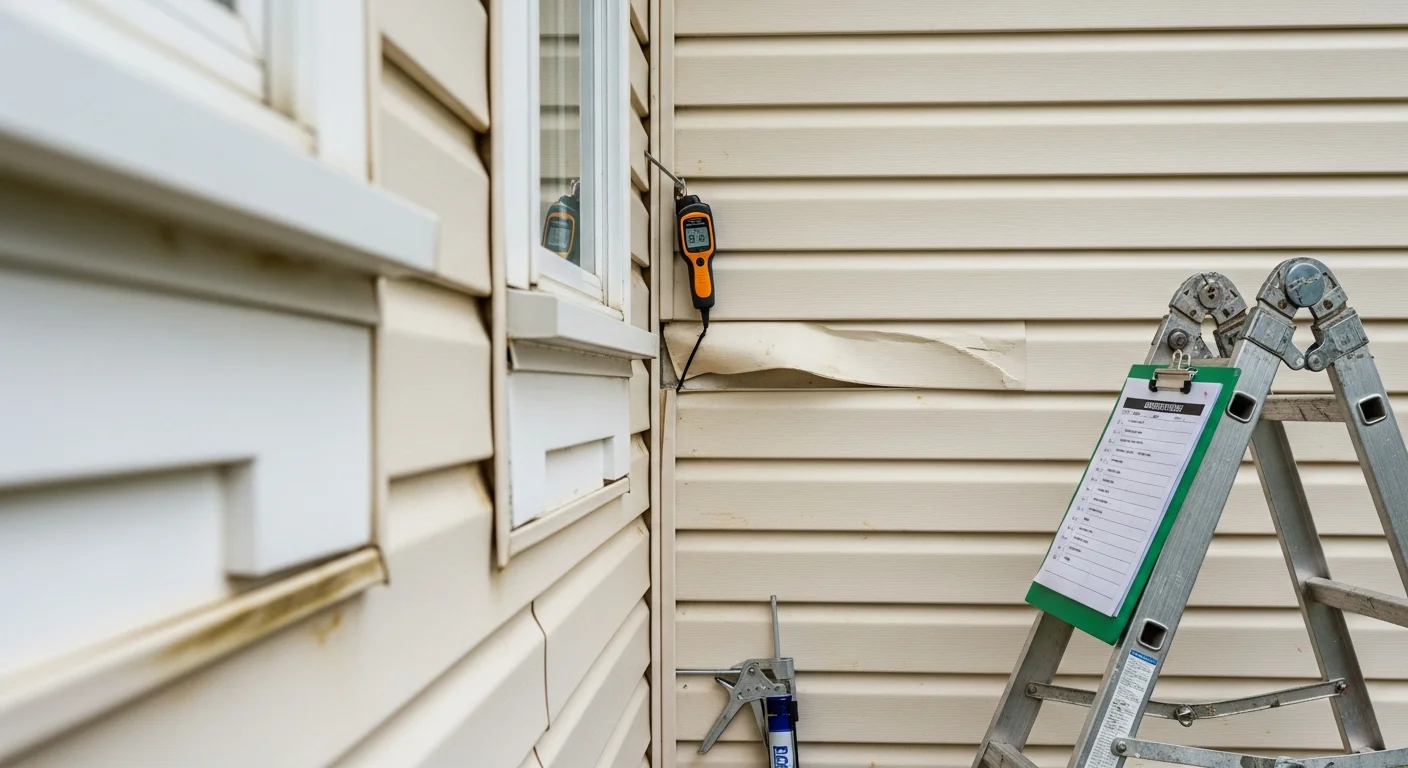 A Shark Construction crew member inspecting the siding panels and corner trim on a residential home in Fredericksburg, VA. Close-up view shows a technician checking seams and window edges for cracks and moisture gaps.