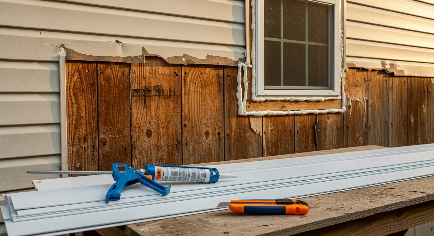 A Fredericksburg home exterior showing freshly repaired siding panels with sealed seams and matched material along the south-facing wall. Close-up view highlights the transition between repaired sections and the existing undamaged panels.