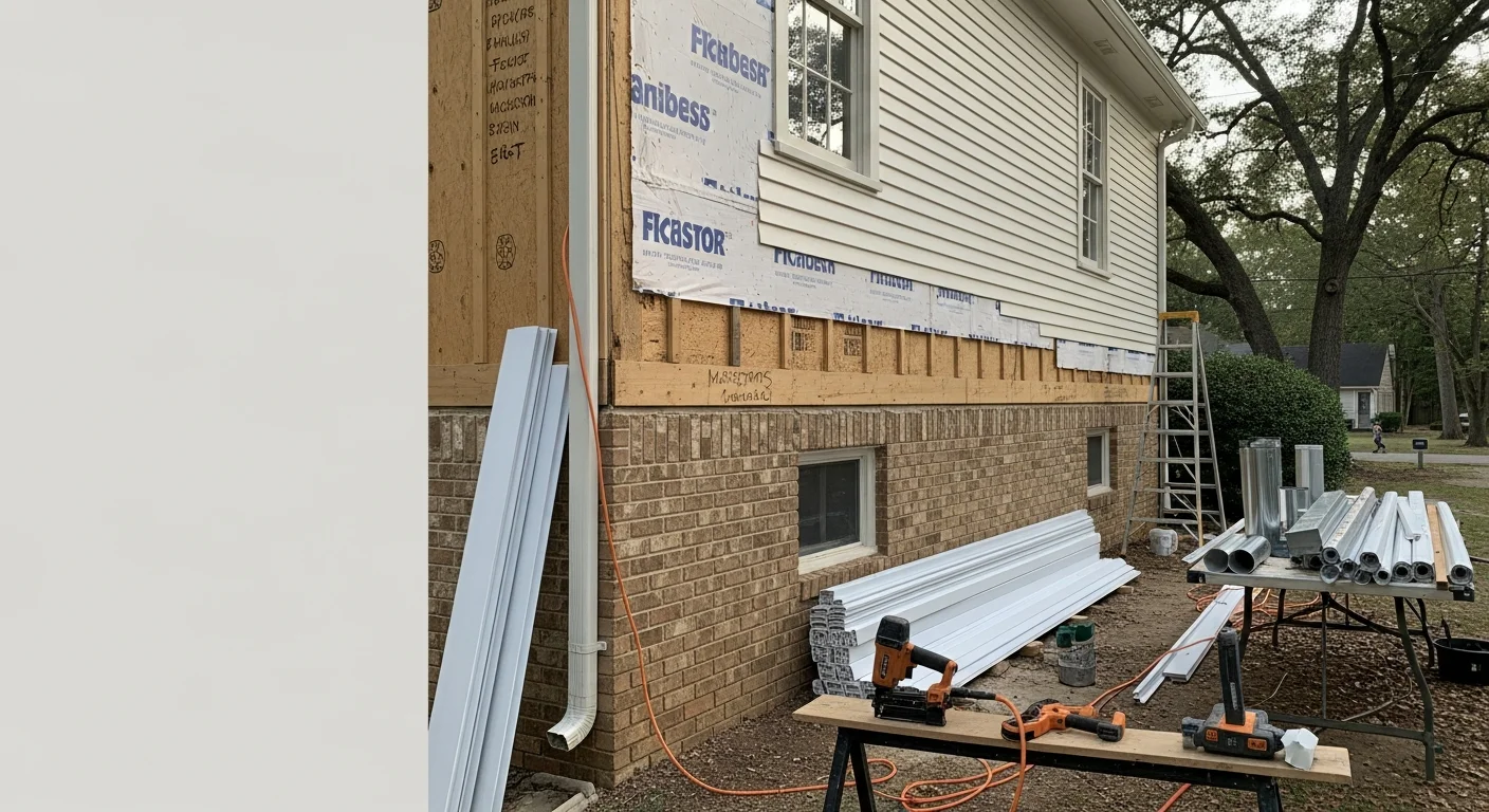 A Fredericksburg, VA home with newly installed siding showing clean panel lines, fresh trim, and sealed corners. A Shark Construction crew member inspects the finished exterior wall from ground level.