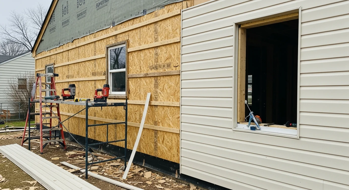 Freshly installed white vinyl lap siding on a two-story residential home in Fredericksburg, Virginia. New trim surrounds the windows and the finished exterior shows clean, evenly spaced panel lines.