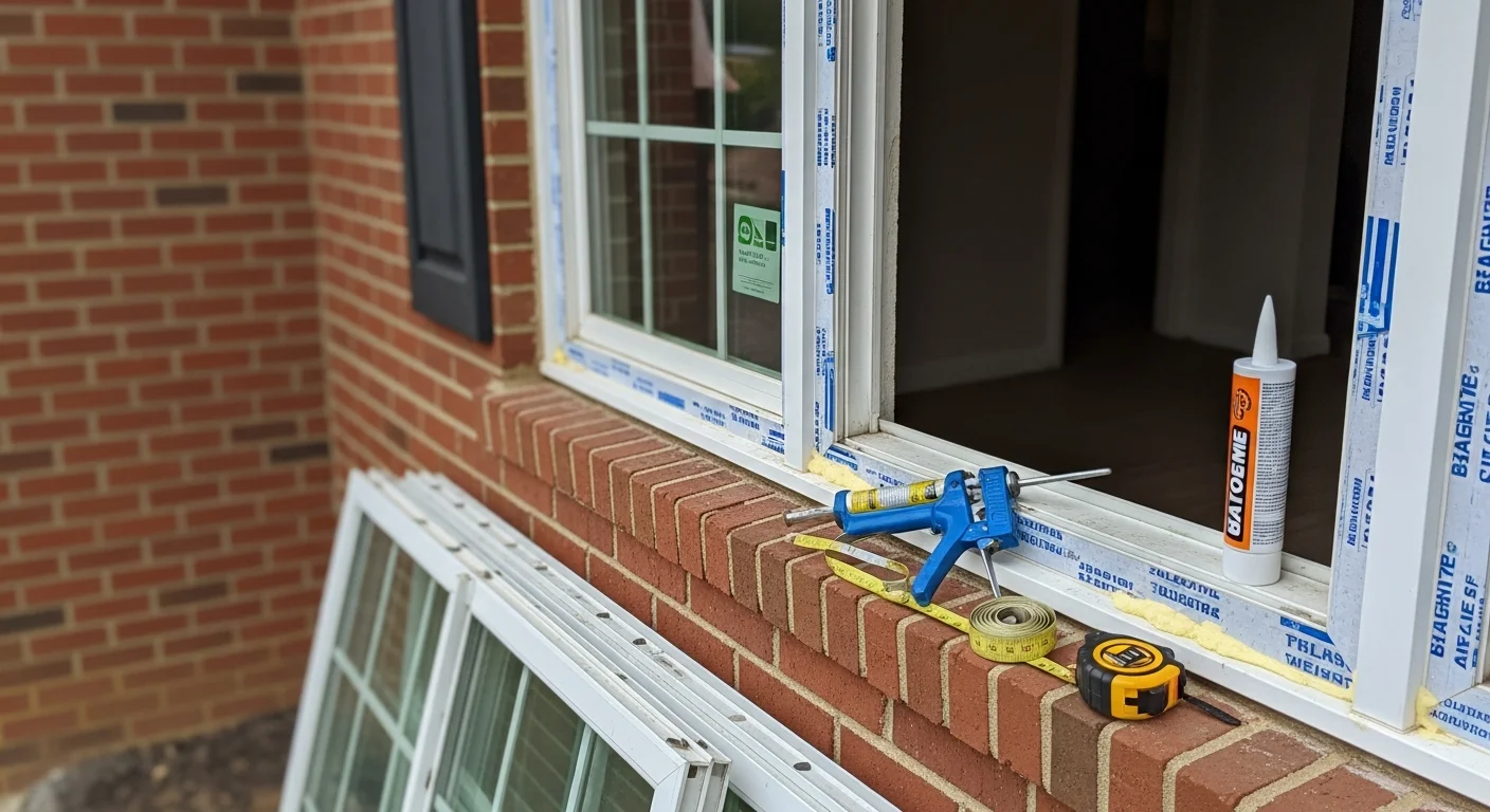 A Shark Construction crew member installing a new double-hung window on a single-family home in Fredericksburg, VA. The window opening is prepped and sealed, with the finished unit set flush against the exterior wall.