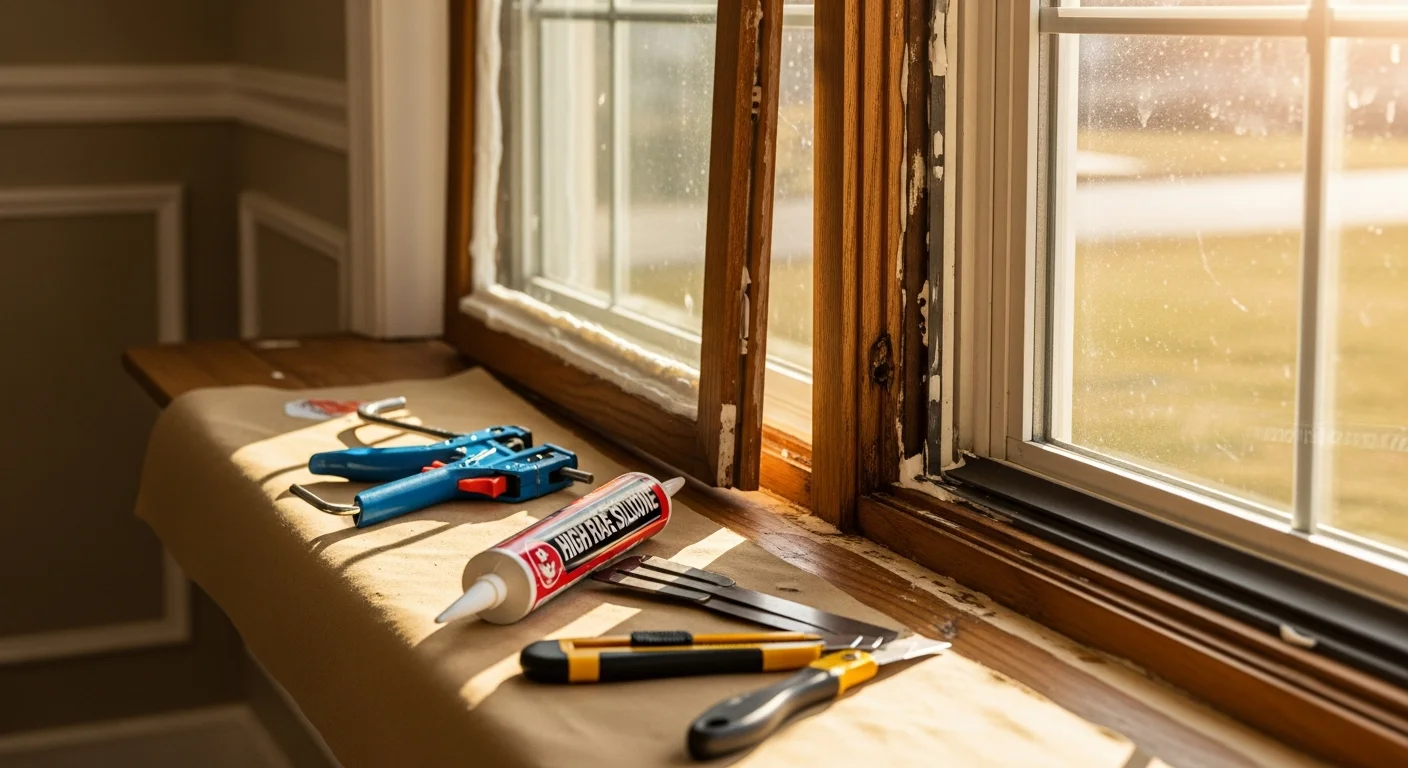 A repaired double-hung window on a residential home in Fredericksburg, VA, showing a clean frame seal and clear glass with no fogging. A Shark Construction technician inspects the finished window from outside the home.