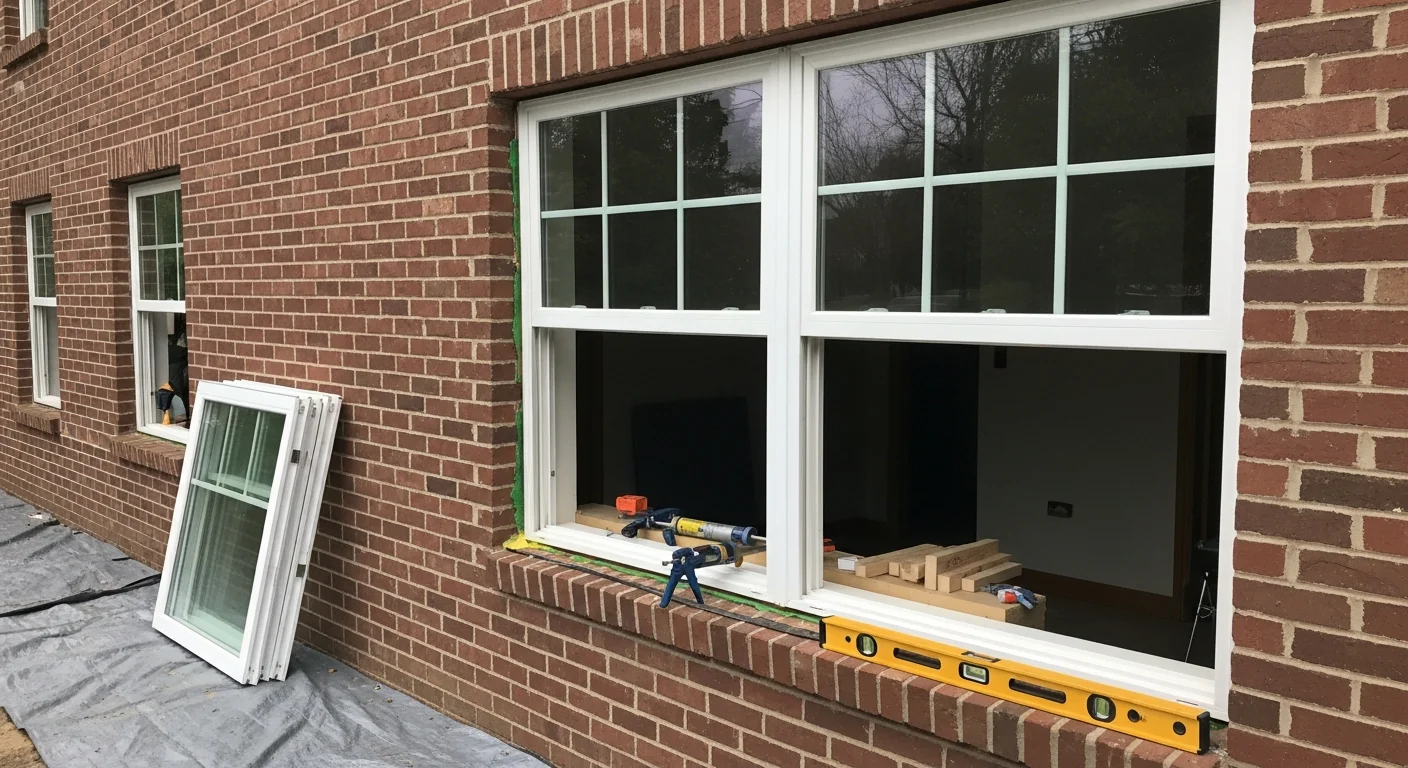 A newly installed replacement window on a single-family home in Fredericksburg, VA, with clean trim lines and a tight weatherproof seal visible around the frame. The exterior view shows the finished installation against a residential street backdrop.